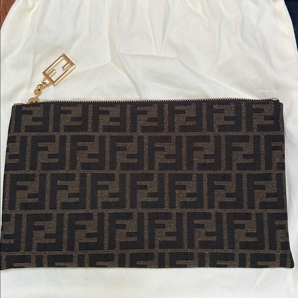 Fendi Black and Brown Flat Baguette Pouch
